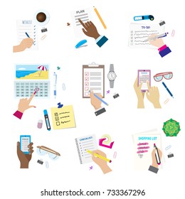 Agenda list concept vector illustration set business note ofiice calendar wishlist checklist shopping list plan to do just