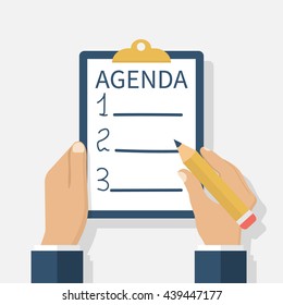 Agenda list. Vector illustration, flat design. Man holds a clipboard to do list. Checklist. Scheduling, planning.