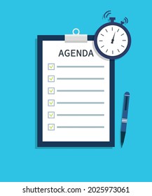Agenda for meeting. List of event with remind. Flat template of schedule with time for business plan. Summary in school. Important document with program on board. Presentation with memo. Vector.