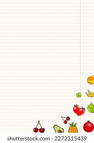 Agenda, notebook page with place for text. Blank sheet for to do list decorated with colorful fruits and berries in pixel art style. Flat vector illustration isolated on white background