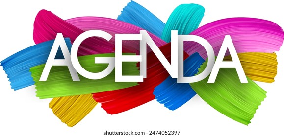 Agenda paper word sign with colorful spectrum paint brush strokes over white. Vector illustration.