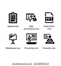 Agenda, Sales presentation, Power point, Whiteboard, Presenting, Presenter, Black Icon Set