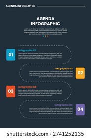 Agenda or schedule infographic process diagram with vertical timeline rundown with square box and dotted opposite direction with dark background bright outline style 4 points vector