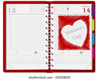 Agenda with scribbled heart drawn on February 14th page