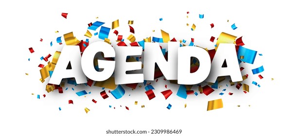 Agenda sign over colorful cut out foil ribbon confetti background. Design element. Vector illustration.