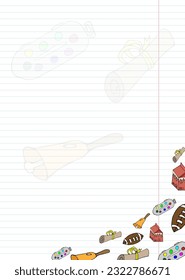 Agenda, plantilla, página del bloc de notas para notas con lugar para texto. Una hoja en blanco para una lista de tareas pendientes, decorada con un diseño de doodle escolar de colores. Ilustración vectorial plana