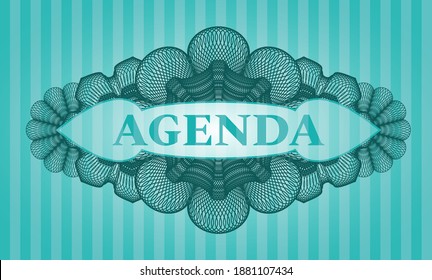 Agenda text inside Guilloche Turquoise realistic badge. Bars classic background. Intense illustration. 