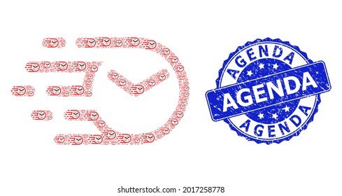 Agenda unclean round seal and vector recursive collage clock. Blue seal contains Agenda tag inside round shape. Vector collage is made from randomized clock items.