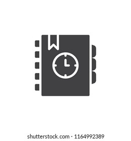 Agenda vector icon. filled flat sign for mobile concept and web design. Notebook with bookmark and clock simple solid icon. Business planner symbol, logo illustration
