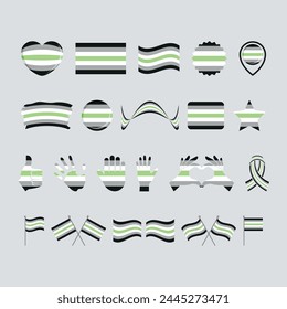 Agender pride flag and symbols many icon set vector. Agender pride flag graphic design element isolated on a gray background. Agender icons in flat style