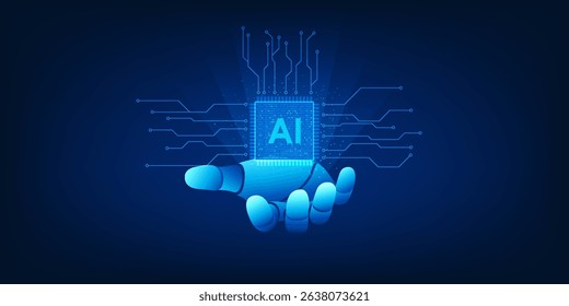 Agent AI Technology Robotic hand holding an AI microchip represents the AI ​​technology embedded in cutting-edge hardware to automatically process and scan data. Intelligent system
