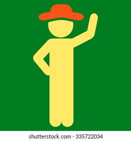 Agent Assurance vector icon. Style is bicolor flat symbol, orange and yellow colors, rounded angles, green background.