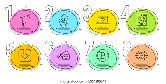 Agent, Bitcoin system and Load document signs. Timeline steps infographic. Web love, Loyalty gift and Bitcoin line icons set. Organic product, Washing machine symbols. Vector