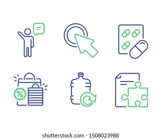 Agent, Capsule pill and Shopping bags line icons set. Click here, Refill water and Strategy signs. Business person, Medicine drugs, Sale discount. Push button. Business set. Vector