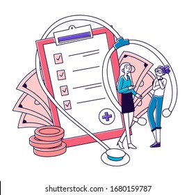 Agent and client discussing health insurance. Women talking near medical protection checklist and money. Vector illustration for healthcare, security, service, medicine concept