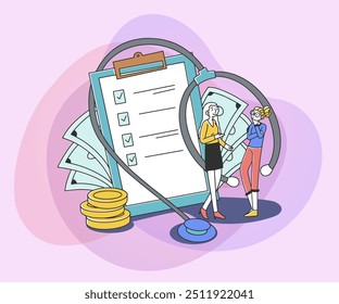 Agent and client discussing health insurance. Women talking near medical protection checklist and money. Vector illustration for healthcare, security, service, medicine concept