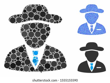 Agent composition of round dots in different sizes and color hues, based on agent icon. Vector round dots are combined into blue collage. Dotted agent icon in usual and blue versions.