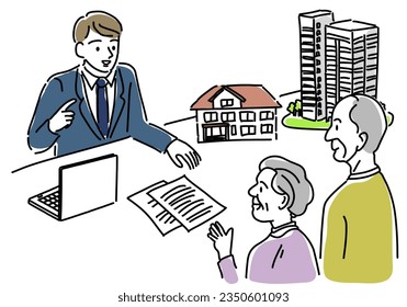 agent explains to elderly couple about real estate drawing illustration, vector