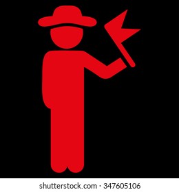 Agent With Flag vector icon. Style is flat symbol, red color, rounded angles, black background.