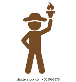 Agent With Freedom Torch vector icon. Style is flat symbol, brown color, rounded angles, white background.