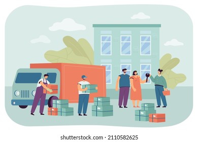 Agent giving keys to new house to moving family. Happy people moving to new home in city, things and furniture in boxes, truck flat vector illustration. Relocation concept for banner, website design