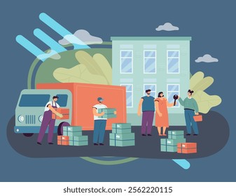 Agent giving keys to new house to moving family. Happy people moving to new home in city, things and furniture in boxes, truck flat vector illustration. Relocation concept for banner, website design