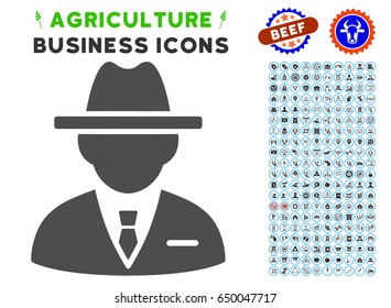 Agent gray icon with agriculture commercial glyph kit. Vector illustration style is a flat iconic symbol. Agriculture icons are rounded with blue circles. Designed for web and software interfaces.