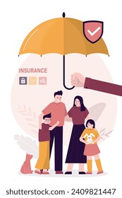 Agent hand hold umbrella and covering happy family. Health and life insurance. Medical insurance for all family. Parents with kids under huge umbrella. Healthcare, finance and medical service. vector