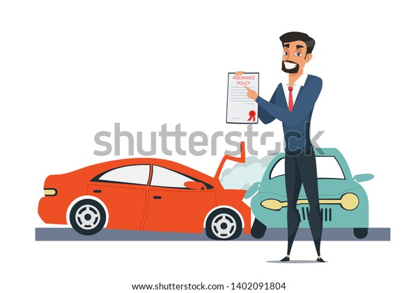 Agent holding insurance policy cartoon vector\
illustration. Flat drawing. After car accident, crash coverage,\
broken automobile. Auto insurance company isolated clipart.\
Dangerous driving\
effects