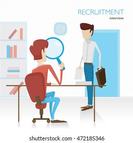 Agent HR conducts the interview. Viewing summary. Satisfied with the survey. Meets with potential employees. Recruitment. Flat vector illustration