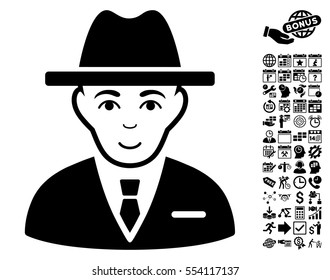 Agent icon with bonus business, time management and calendar clip art. Vector illustration style is flat iconic symbols, black color, white background.