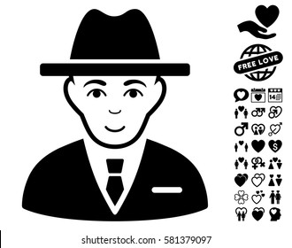 Agent icon with bonus decorative clip art. Vector illustration style is flat iconic black symbols on white background.