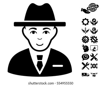 Agent icon with bonus tools graphic icons. Vector illustration style is flat iconic black symbols on white background.