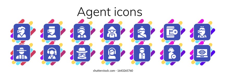 agent icon set. 14 filled agent icons. Included Call center, Detective, Customer service, Hacker, Policeman, Operator, Spy icons
