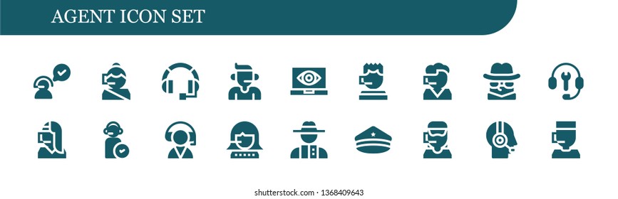 agent icon set. 18 filled agent icons.  Collection Of - Customer service, Call center, Headset, Spy, Detective, Customer support, Operator, Police hat
