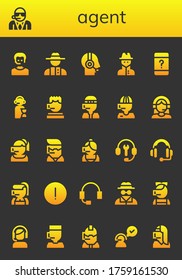 conjunto de iconos del agente. 26 iconos de agente rellenos. Operador incluido, Guardaespaldas, detective, servicio al cliente, espía, centro de llamadas, asistencia al cliente, auriculares, consejos, iconos de hombre invisibles