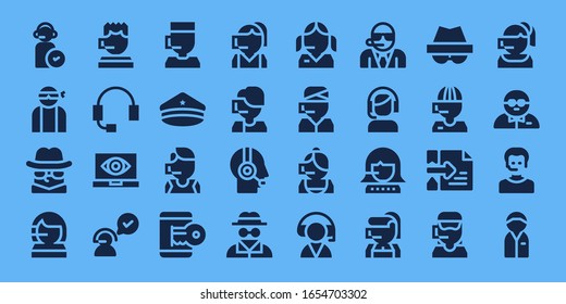 agent icon set. 32 filled agent icons. Included Operator, Hacker, Detective, Call center, Headset, Spy, Customer service, Police hat, Invisible man, Bodyguard, Policeman icons