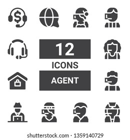 agent icon set. Collection of 12 filled agent icons included Call center, Hacker, Real estate, Customer service, Headset, Telemarketing