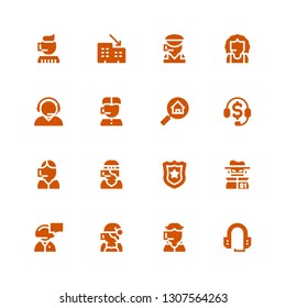 agent icon set. Collection of 16 filled agent icons included Headset, Call center, Secretary, Hacker, Police badge, Telemarketing, Real estate, Customer service, Rental
