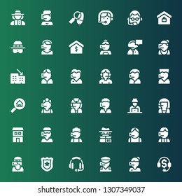 agent icon set. Collection of 36 filled agent icons included Telemarketing, Call center, Headset, Police badge, Hacker, Duplex, Real estate, Rental, Secretary, Detective, Bodyguard