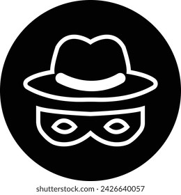 Icono del agente. Gafas de sol espía. Sombrero y gafas, signo del hombre misterioso. Símbolo de ladrón o ladrón. Iconos ocultos de personas extrañas. Símbolo de agente de espionaje anónimo, signo plano del logotipo para el concepto móvil, diseño web.