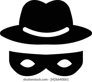 Icono del agente. Gafas de sol espía. Sombrero y gafas, signo del hombre misterioso. Símbolo de ladrón o ladrón. Iconos ocultos de personas extrañas. Símbolo de agente de espionaje anónimo, signo plano del logotipo para el concepto móvil, diseño web.