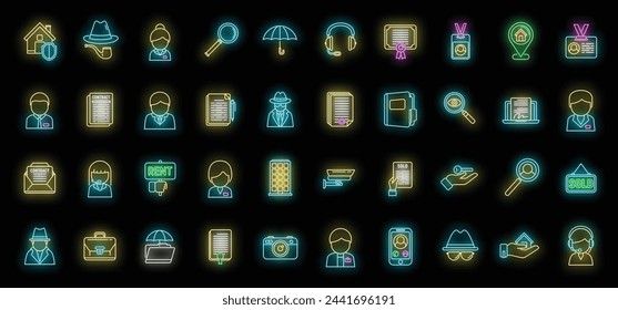 Agenten-Symbole setzen Gliederungsvektor. Kamera-Erkennung. Case Detective Neon Farbe auf schwarz