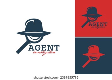 El logotipo de la investigación del agente es un activo de diseño con una lupa y un sombrero, adecuado para agencias de detectives, investigadores privados