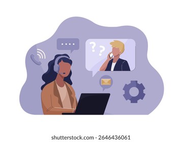 Agente em um notebook, fornecendo atendimento personalizado ao cliente e respondendo a consultas. Ilustração vetorial do serviço de atendimento ao consumidor