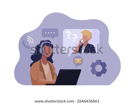 Agent at a laptop providing personalized customer care and answering queries. Customer service vector illustration