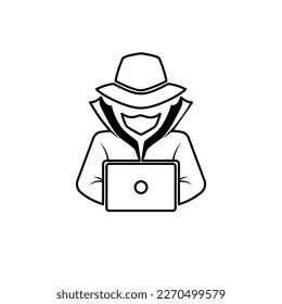 An agent with a laptop. Spy Agent, Secret Agent, Hacker. Cyber security. Vector illustration.