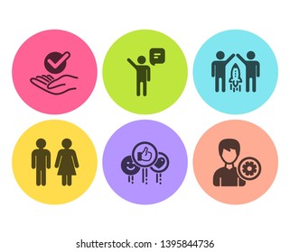Agent, Like and Partnership icons simple set. Restroom, Approved and Support signs. Business person, Social media likes. People set. Flat agent icon. Circle button. Vector