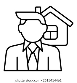 Agent man at house thin line icon, real estate concept. Vector graphics. Man with cottage building, seller sign on white background, linear style for mobile or design