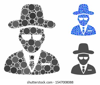 Agent mosaic of filled circles in various sizes and color hues, based on agent icon. Vector filled circles are composed into blue collage. Dotted agent icon in usual and blue versions.